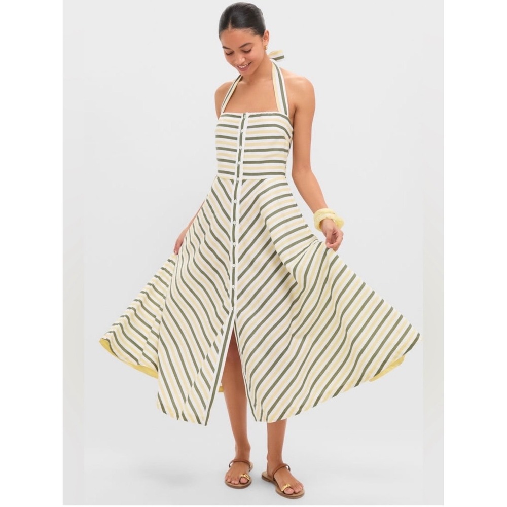 Tuckernuck Green Yellow Mirabel Striped Halter Midi Dress Smocked Back Small